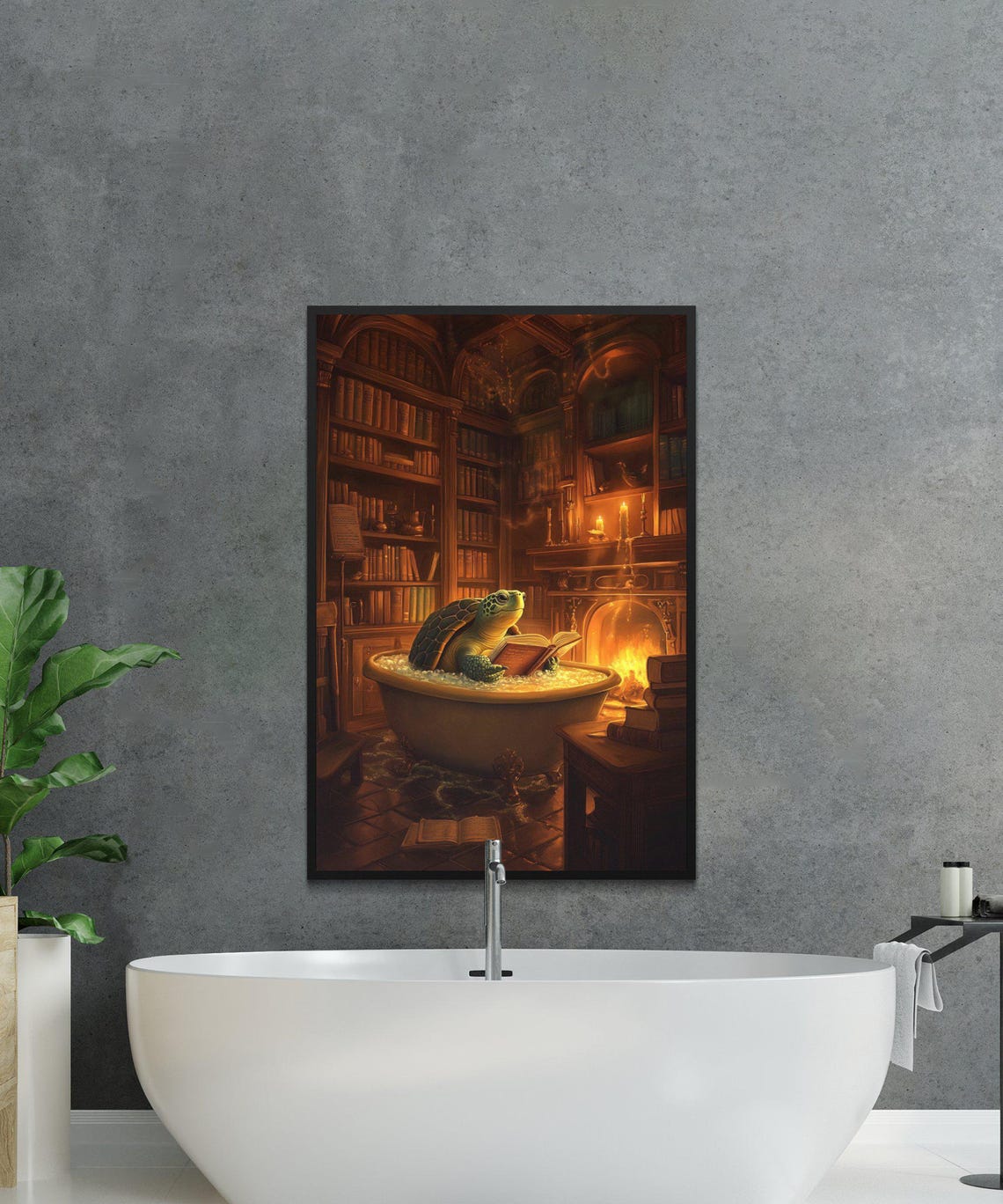 Turtle Reading Book in Bubble Bath Library Fireplace Art Poster - Image 2