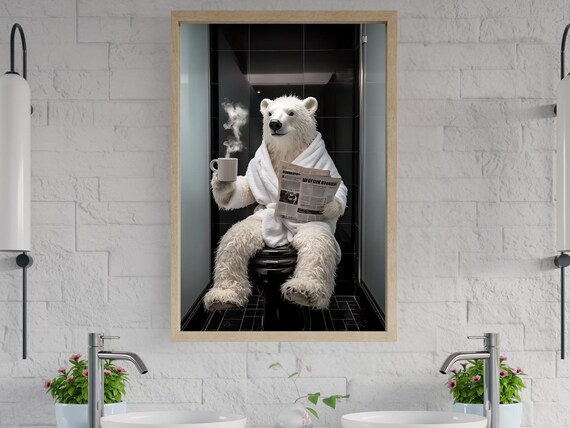 Polar Bear in a White Bathrobe With Coffee Reading the Newspaper Poster