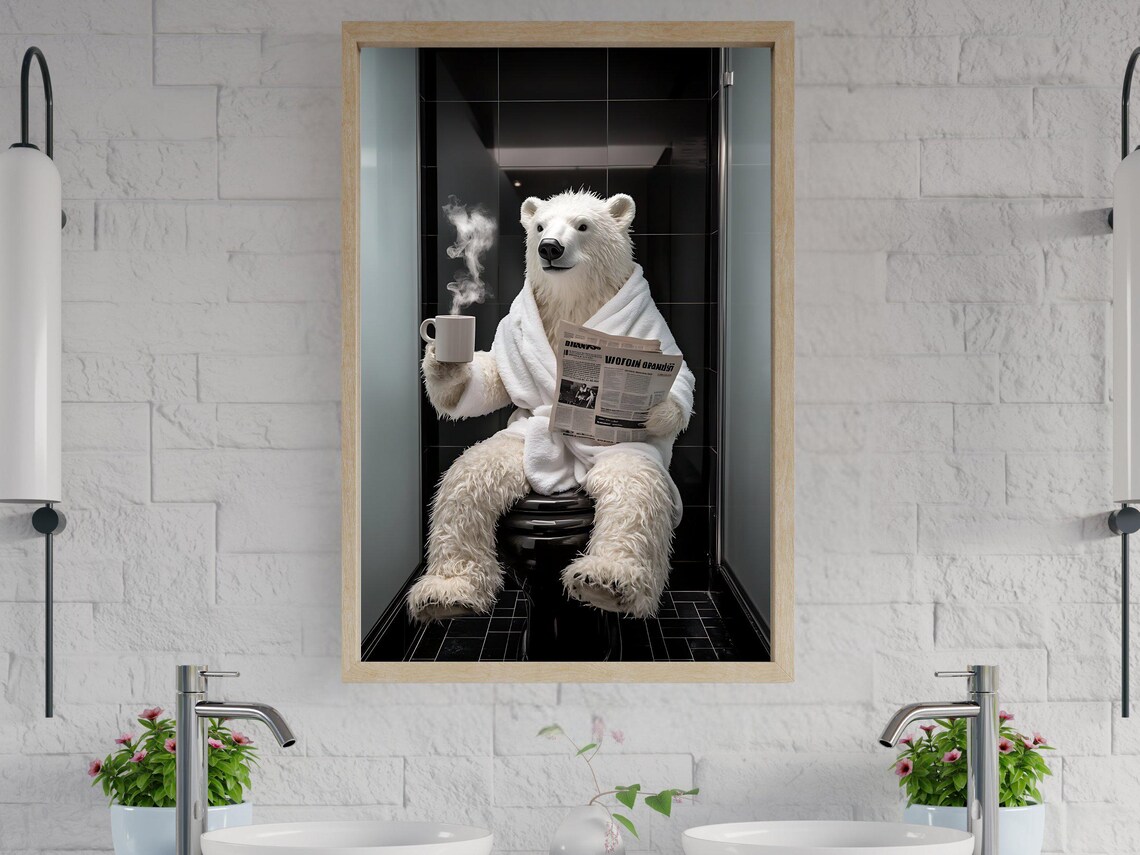 Polar Bear in a White Bathrobe With Coffee Reading the Newspaper Poster