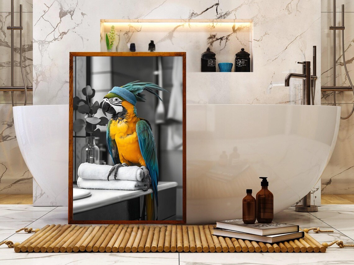 Colorful Macaw Parrot With a Towel Turban on Bathroom Towels Poster - Image 5