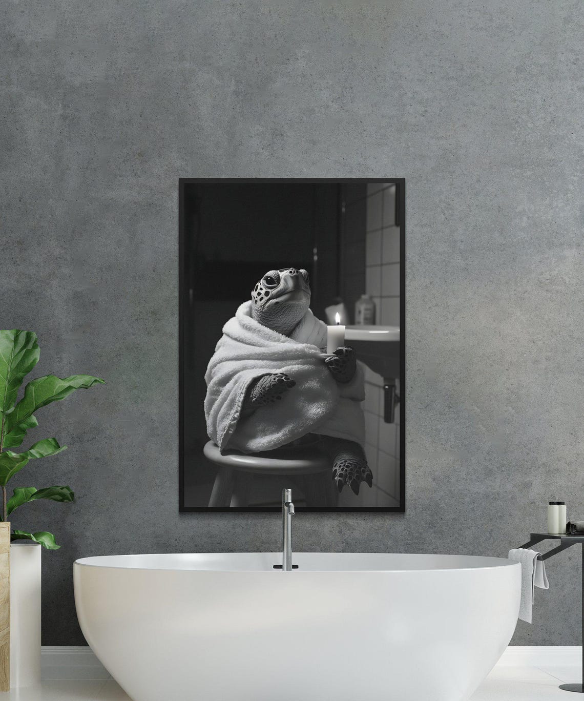 Black and White Turtle Wrapped in a Towel Holding a Candle Poster - Image 2