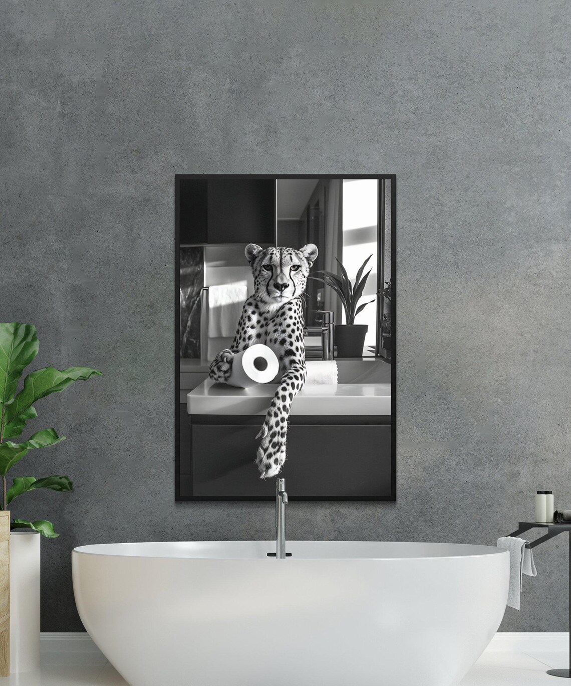 Cheetah Lounging on a Bathroom Counter With Toilet Paper Poster - Image 2