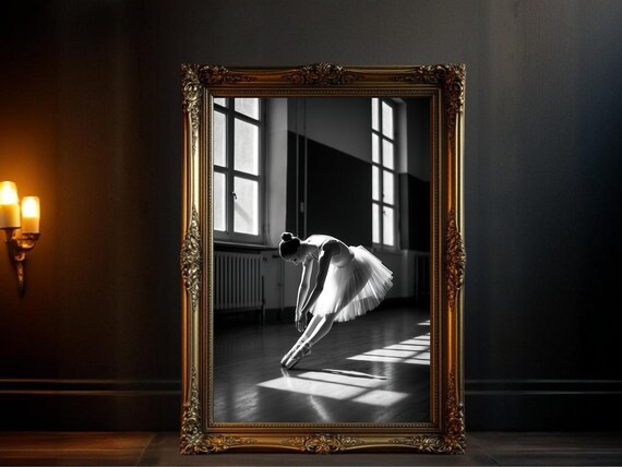 Ballerina in Tutu Rehearsing in Sunlit Studio, Black and White Poster