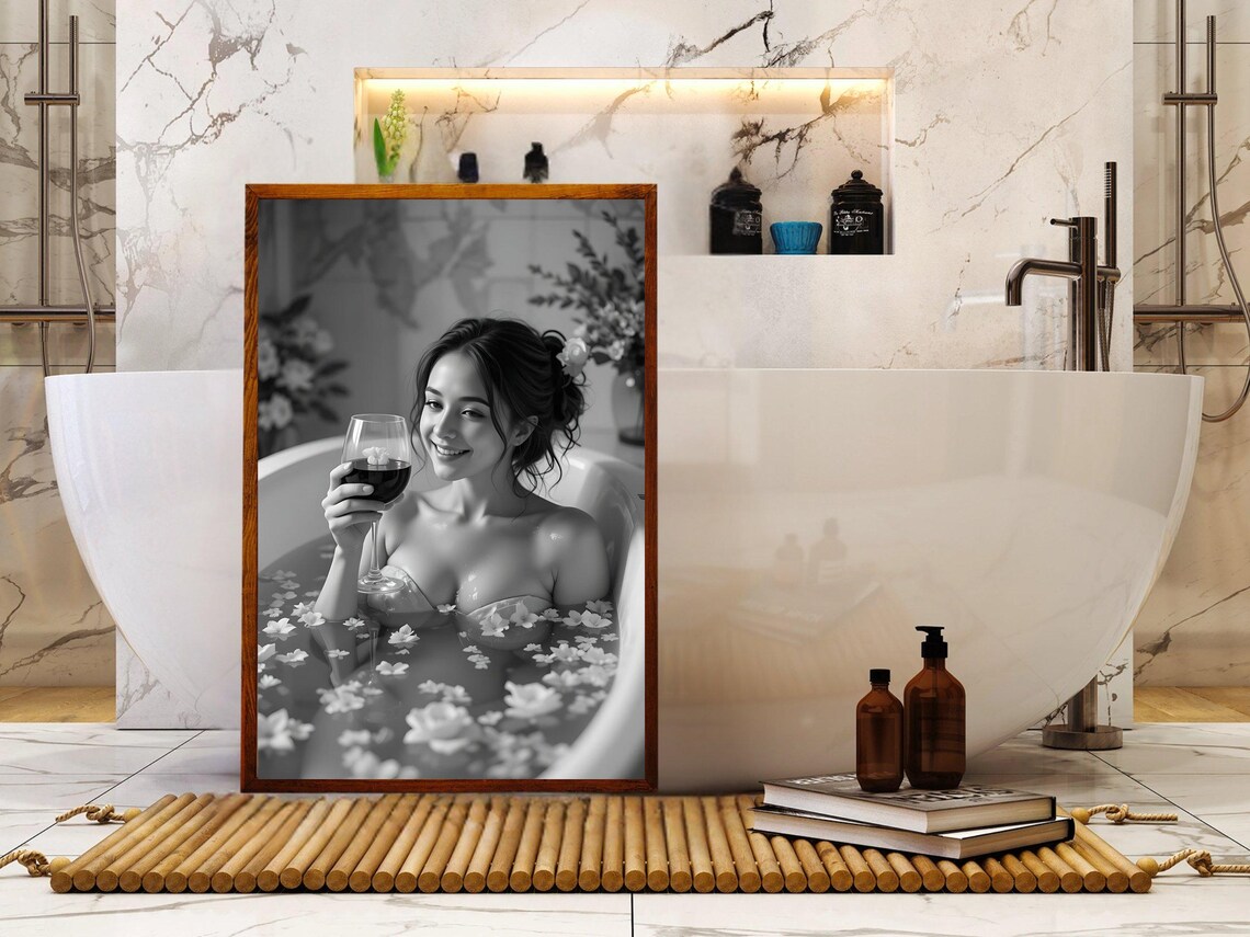 Smiling Woman in Flower Petal Bathtub with Wine Glass Poster - Image 4