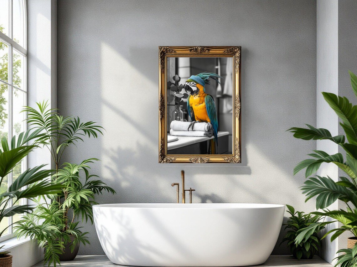 Colorful Macaw Parrot With a Towel Turban on Bathroom Towels Poster - Image 3