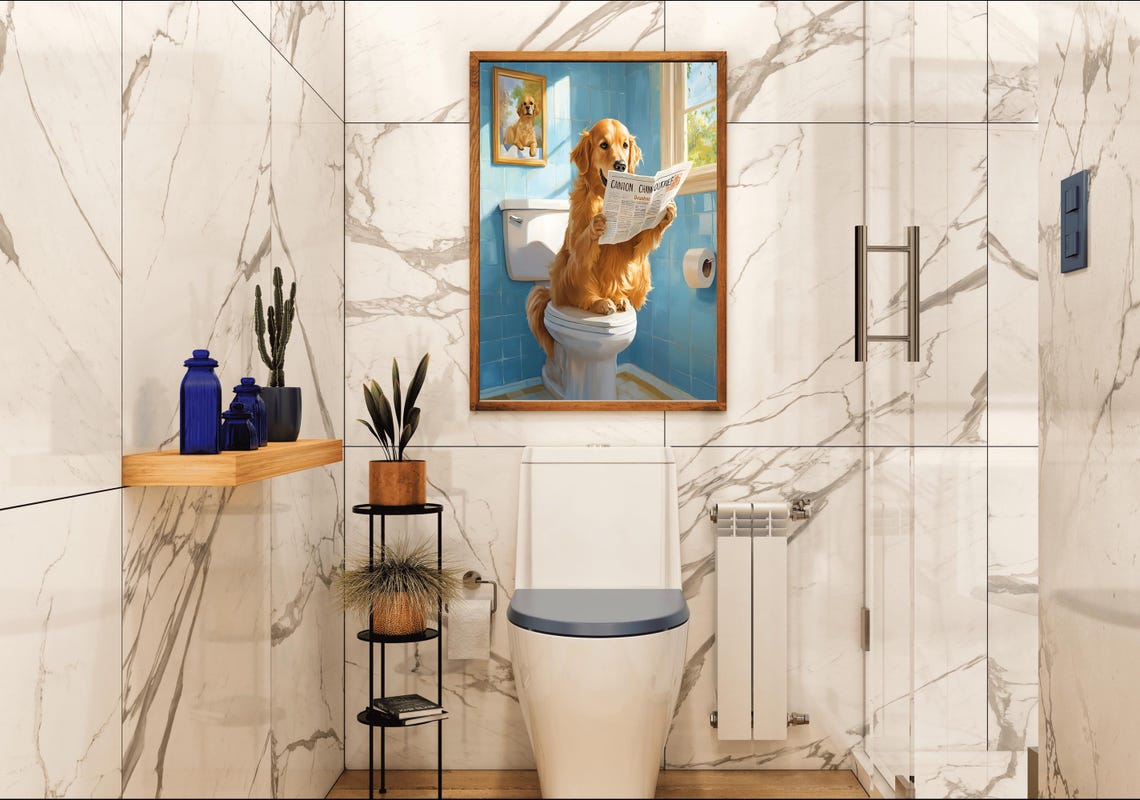 Golden Retriever Reading On Toilet With Framed Portrait Blue Poster - Image 4