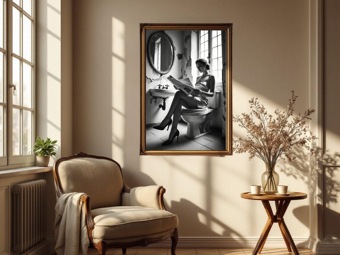 Woman Reading A Newspaper In A Rustic Vintage Bathroom Poster - Image 2