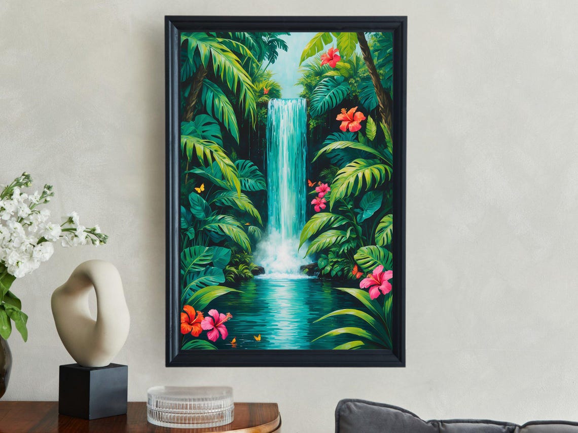 Jungle Waterfall Surrounded By Lush Greenery And Pink Hibiscus Poster