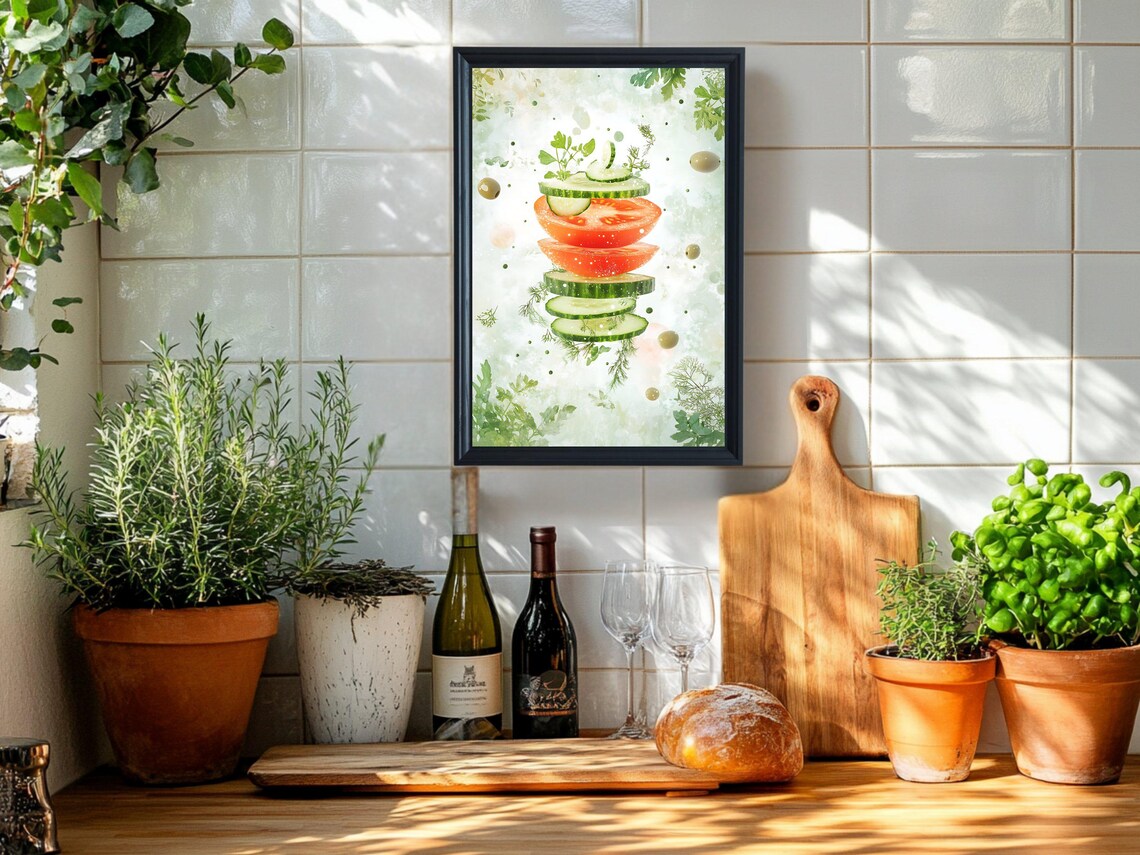 Floating Tomato Cucumber Slices Fresh Healthy Food Art Poster - Image 2