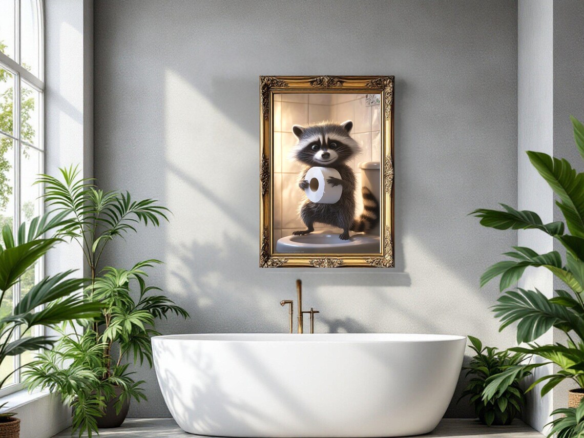 Adorable Baby Raccoon Holding Toilet Paper on the Toilet Poster - Image 3