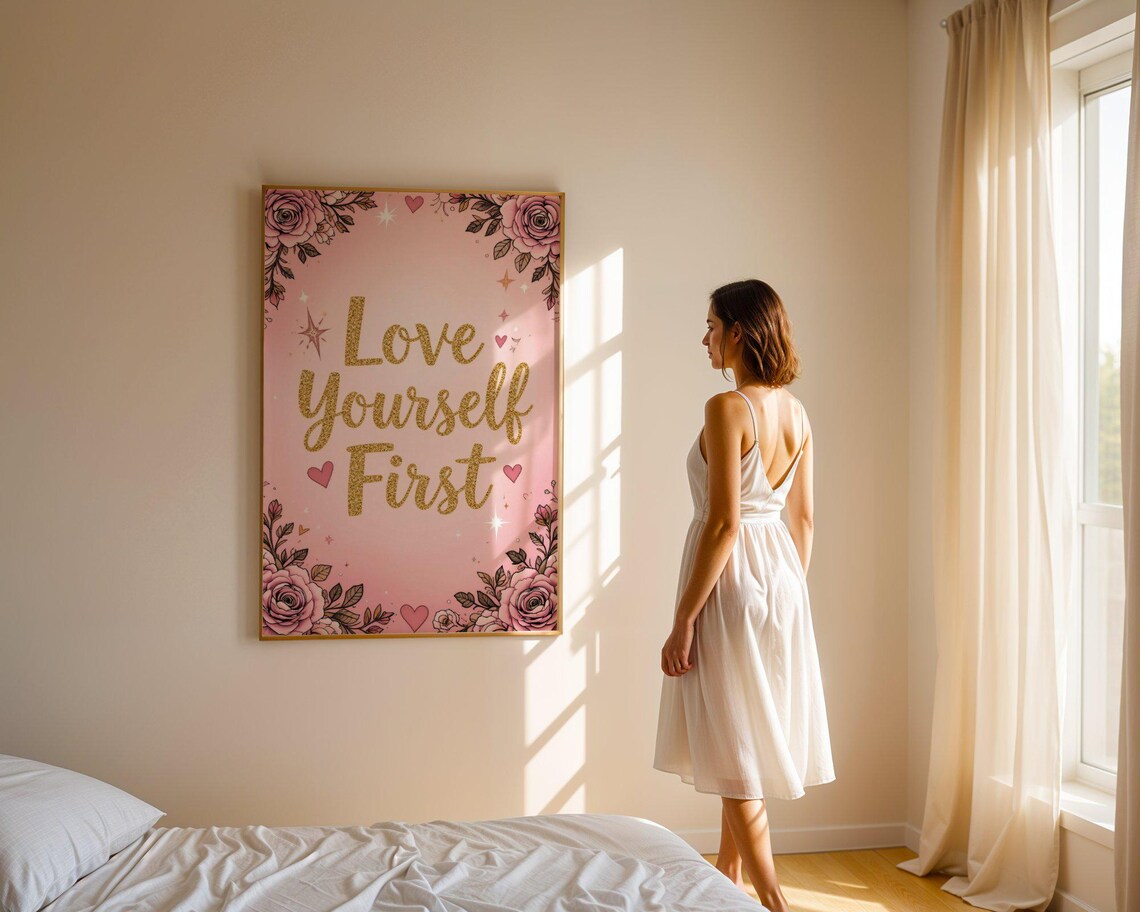 Love Yourself First Pink Gold Floral Glitter Inspirational Self Love Quote Poster - Image 5