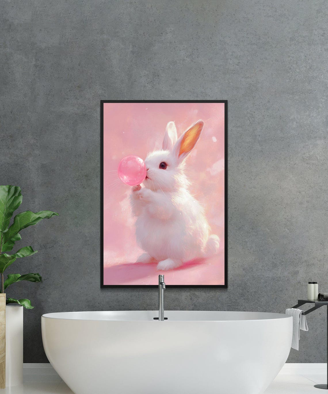 Fluffy White Bunny Blowing Pink Bubble Cute Nursery Art Poster - Image 4