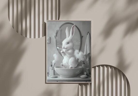 White Bunny Brushing Teeth In Bathroom Sink Animal Art Poster