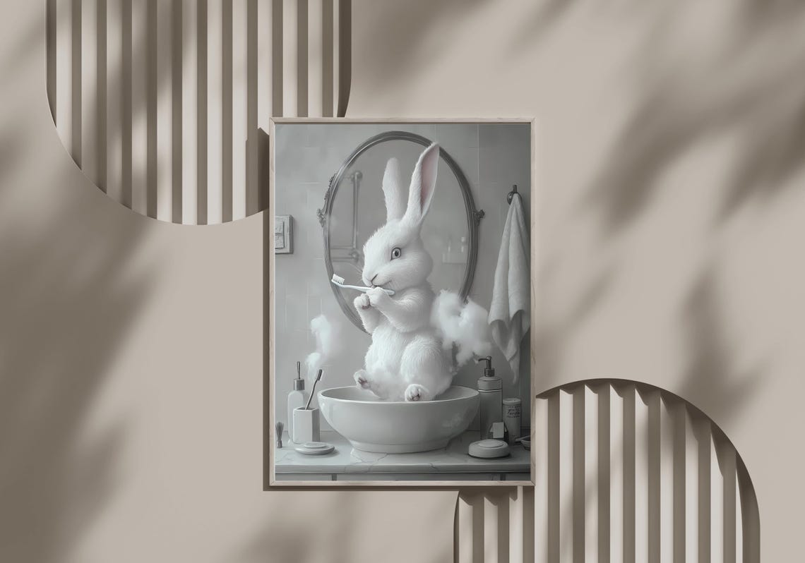 White Bunny Brushing Teeth In Bathroom Sink Animal Art Poster