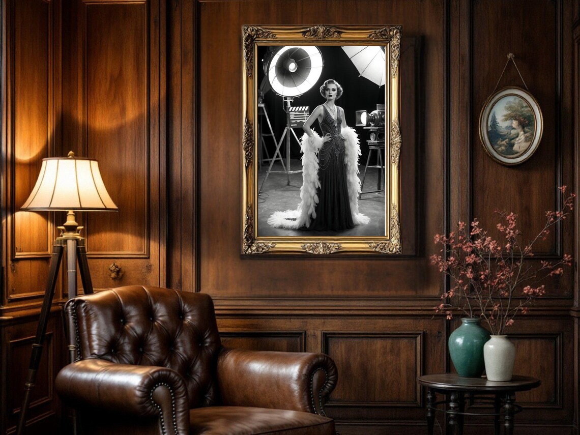 1920s Flapper Actress on Film Set with Lights, Art Deco Poster - Image 5