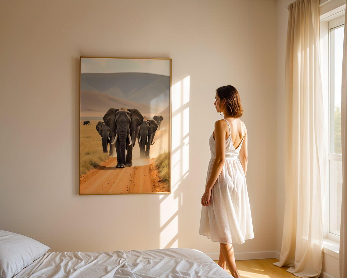 Elephant Herd Walking On A Dusty Savanna Road Under Morning Light Poster - Image 2
