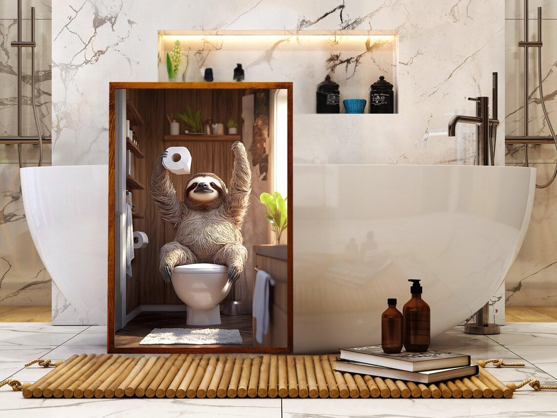 Cheerful Sloth Triumphantly Holding Toilet Paper on Toilet Poster - Image 5