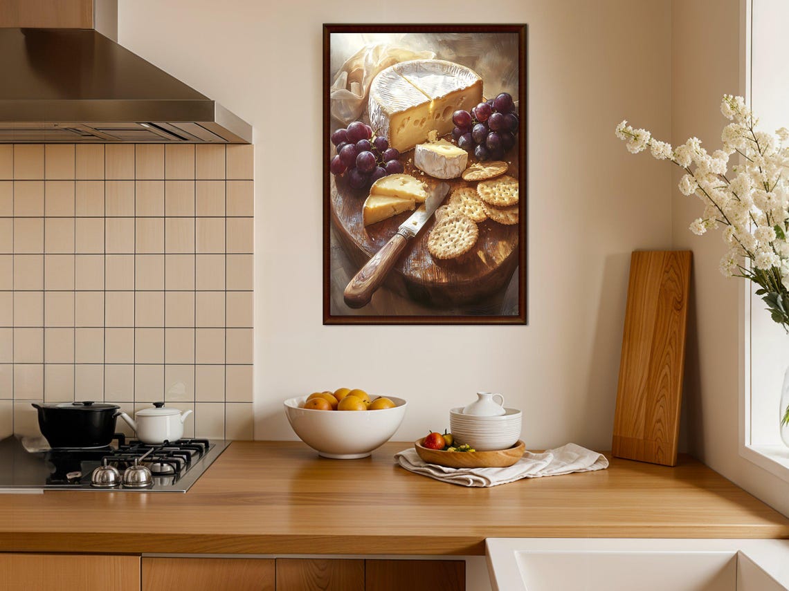 Rustic Cheese Board Grapes Brie Gourmet Kitchen Decor Art Print - Image 4