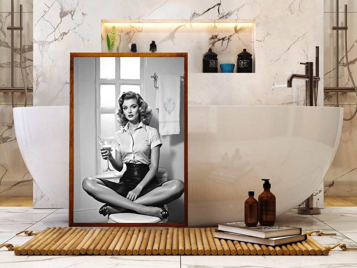 Retro Pin Up Woman With Martini Glass In Vintage Bathroom Poster - Image 4