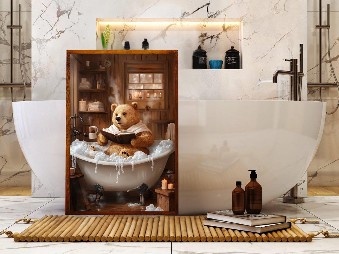 Brown Bear Reading in a Rustic Cabin Bubble Bath With Candles Poster - Image 5