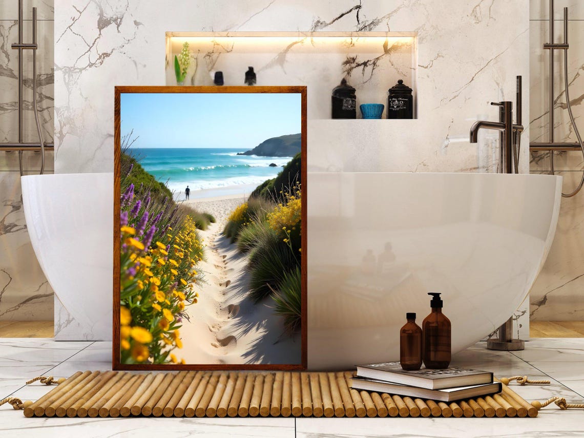 Flower Lined Sandy Footpath Leading to Turquoise Beach Poster - Image 2