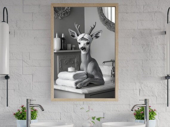 Deer Spa Day With Towel Turban Black And White Bathroom Poster