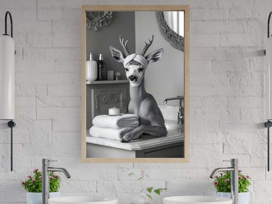 Deer Spa Day With Towel Turban Black And White Bathroom Poster