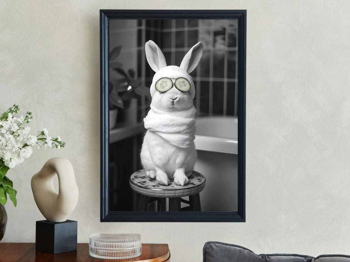 White Rabbit Spa With Cucumber Eyes Black And White Animal Poster - Image 2