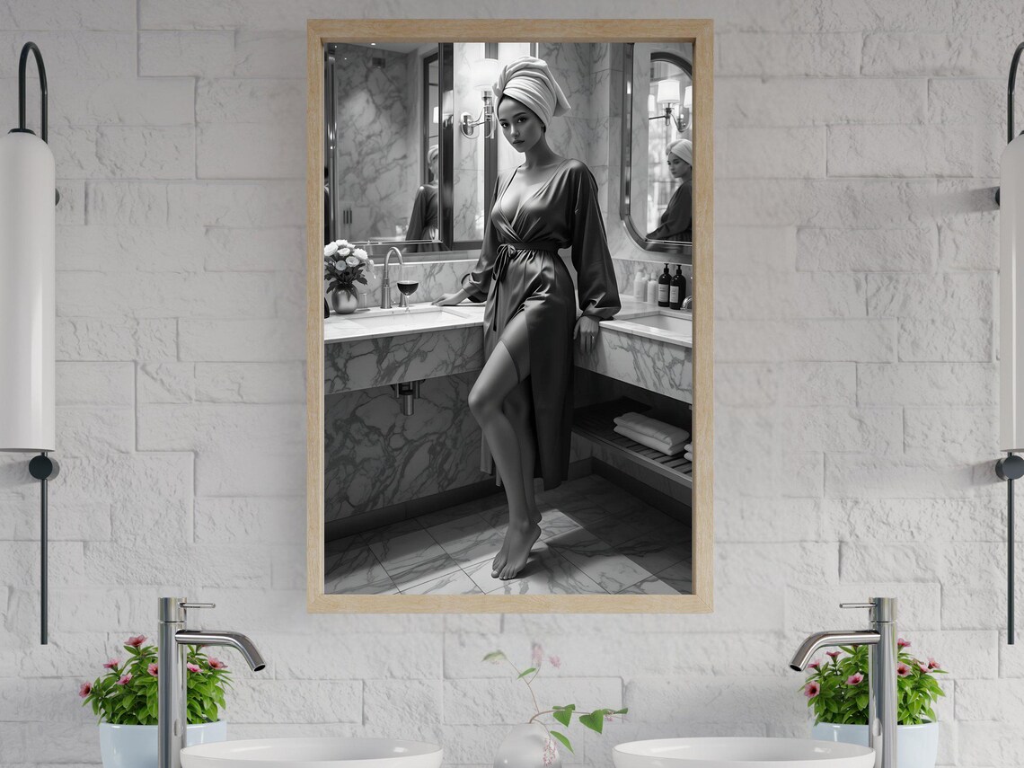 Elegant Bathroom Wall Art Stylish Woman In Robe Black And White Spa Decor Sophisticated Bathroom Luxury Wall Art Home Decor