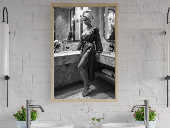Elegant Bathroom Wall Art Stylish Woman In Robe Black And White Spa Decor Sophisticated Bathroom Luxury Wall Art Home Decor
