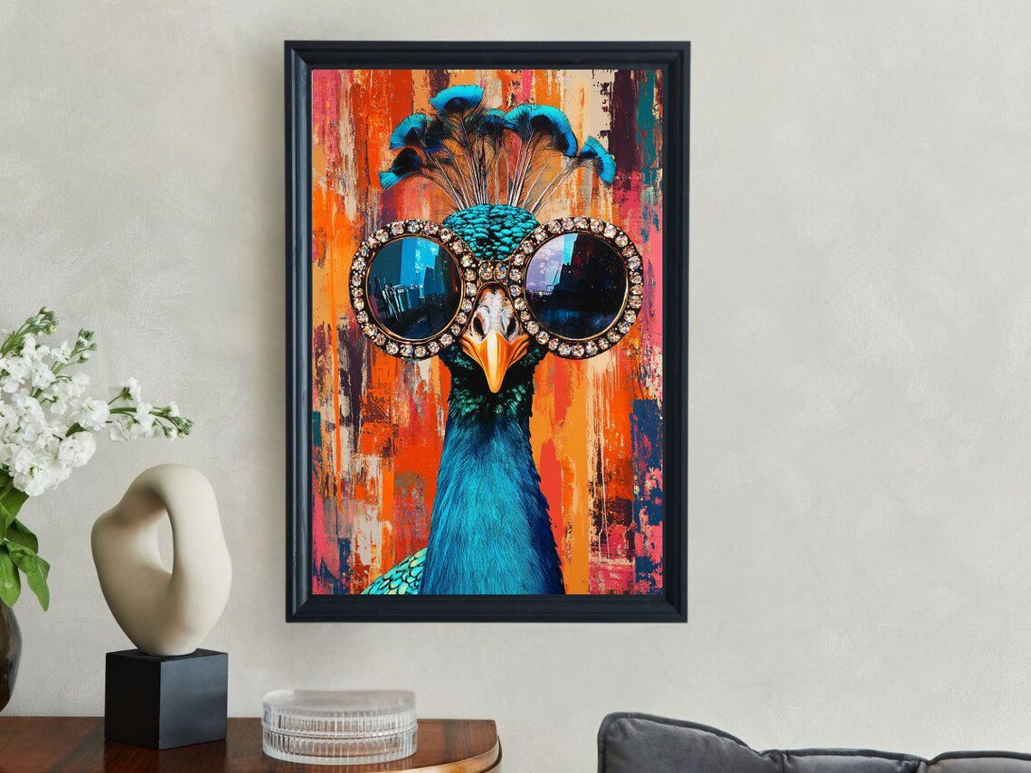 Peacock in Oversized Rhinestone Sunglasses Colorful Pop Art Poster
