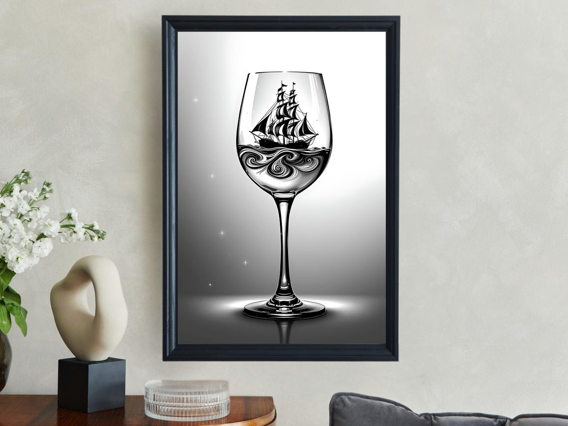 Nautical Wine Glass Wall Art Sailboat In Wine Glass Art Print Black And White Nautical Decor Ocean Sailing Artwork