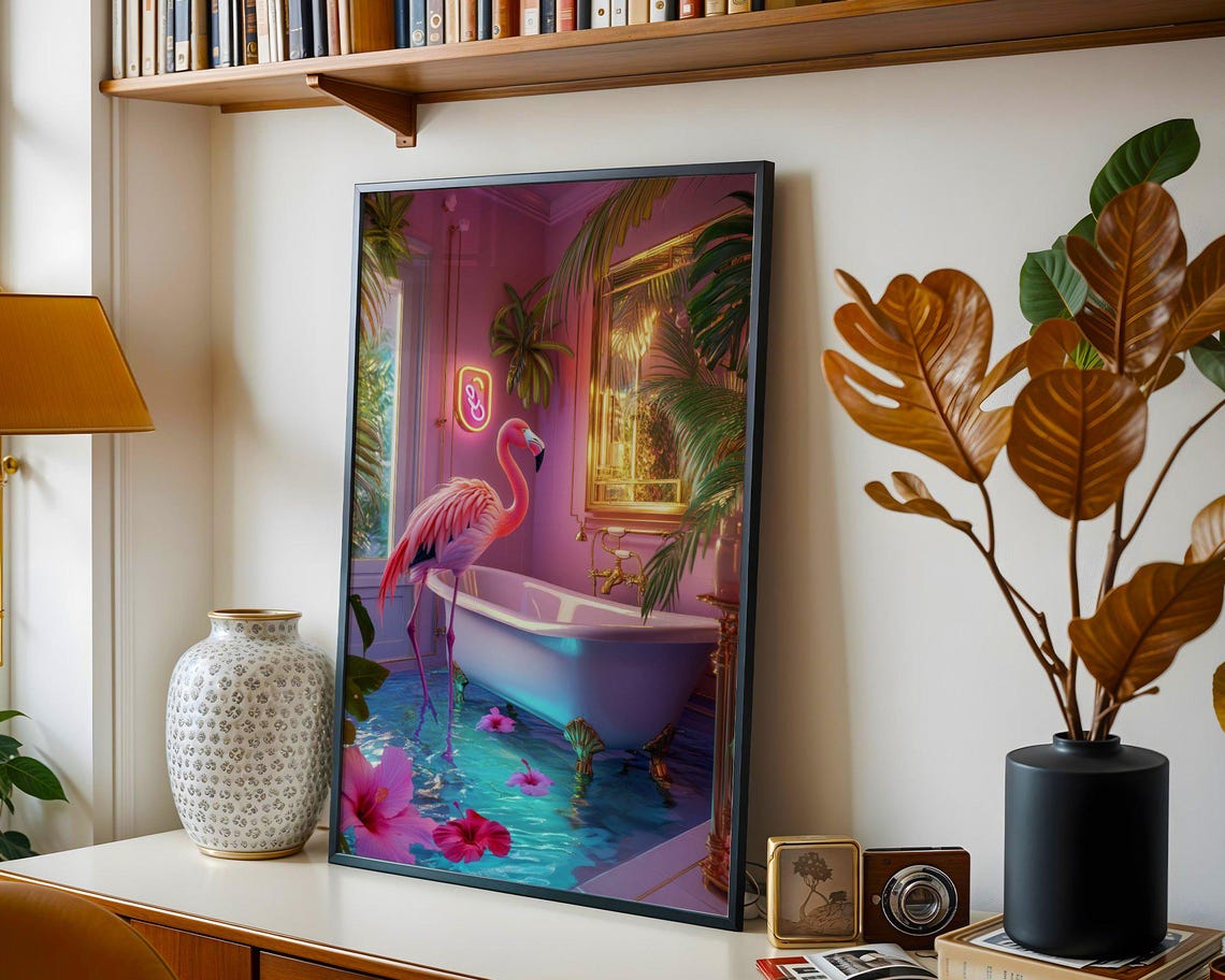 Pink Flamingo By A Clawfoot Bathtub In A Tropical Pink Bathroom Poster - Image 4