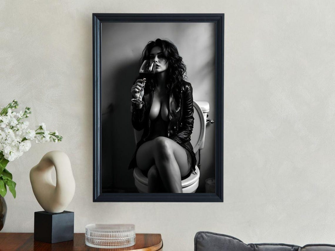 Confident Woman In Leather Jacket Drinking Wine Glamour Poster - Image 3