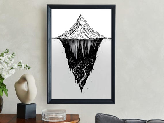 Mystical Mountain Wall Art Fantasy Landscape Print Underworld Architecture Intricate Mountain Drawing Surreal Nature Scene