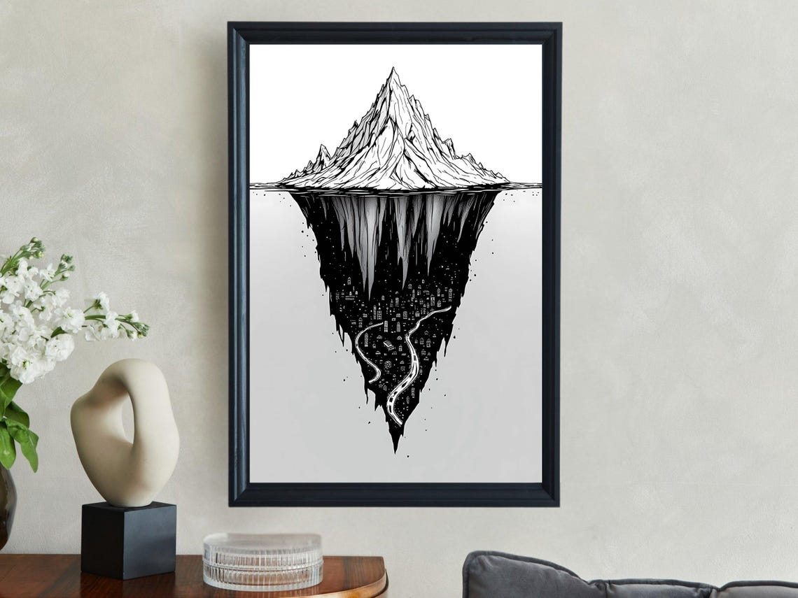 Mystical Mountain Wall Art Fantasy Landscape Print Underworld Architecture Intricate Mountain Drawing Surreal Nature Scene