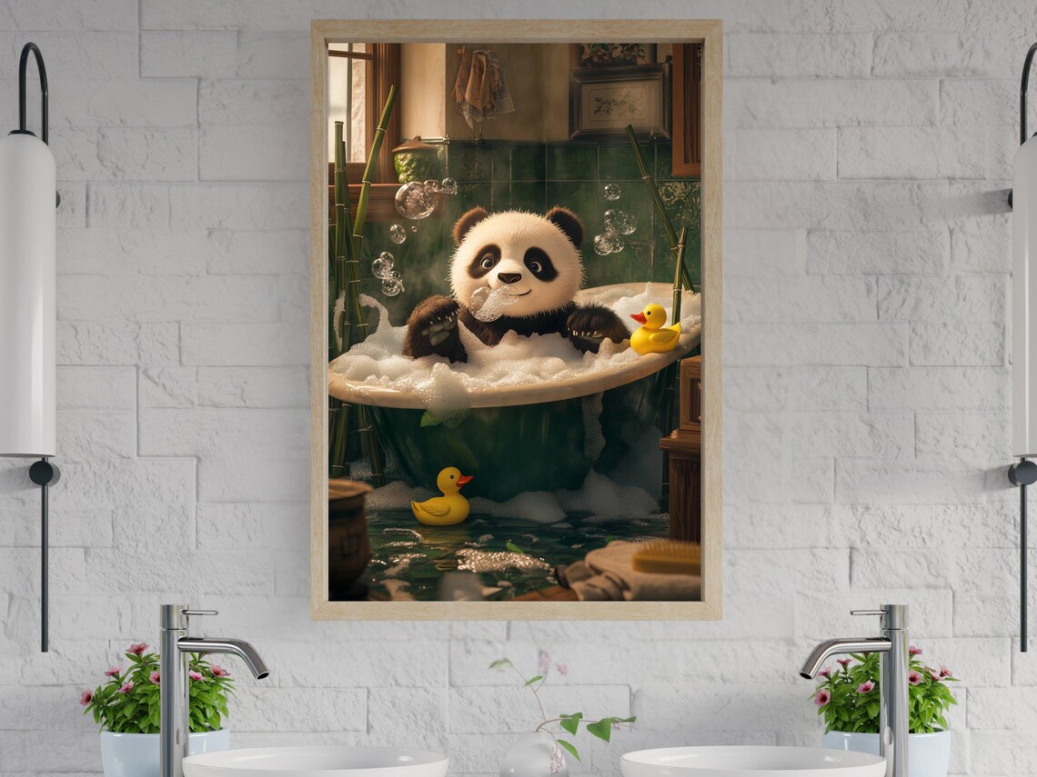 Baby Panda in a Bubble Bath With Rubber Duckies Bath Decor Poster