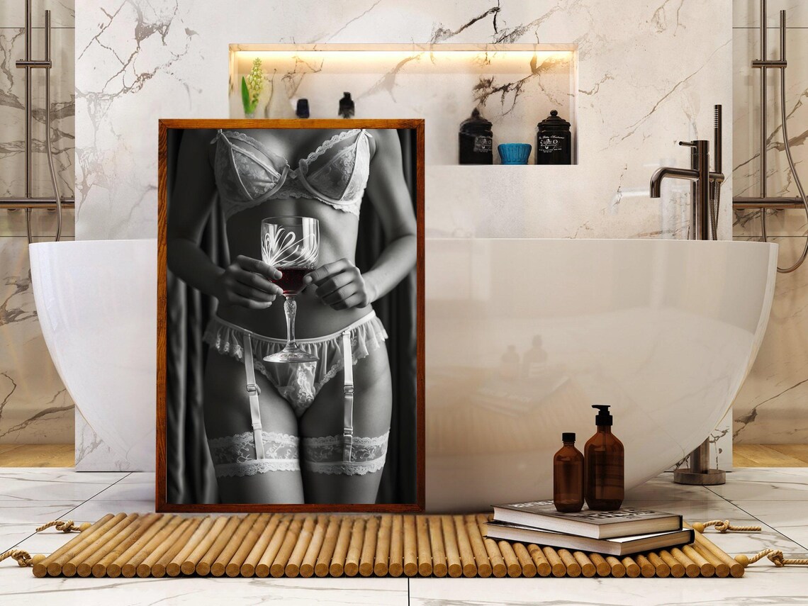 Woman In White Lace Lingerie Holding A Glass Of Red Wine Poster - Image 5