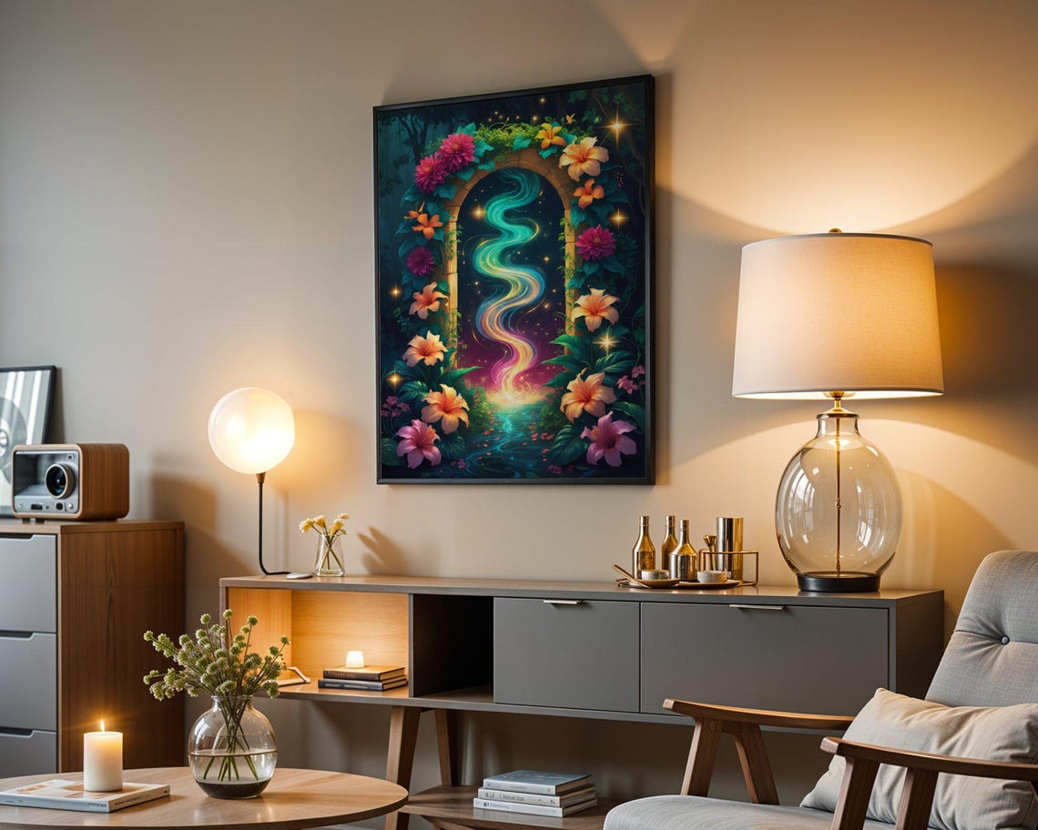 Magical Floral Archway Rainbow Light Hibiscus Night Art Print - Image 3