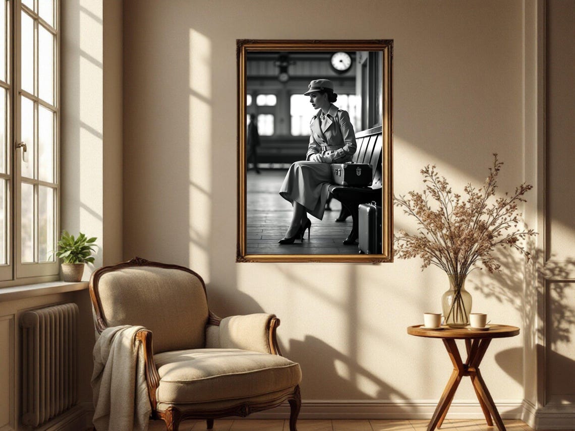 Woman In Trench Coat Waiting At A Vintage Train Station Poster - Image 2
