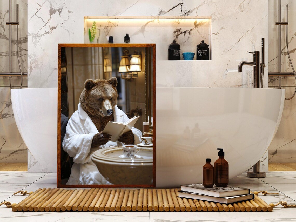 Brown Bear in a Bathrobe Reading a Book Beside the Sink Poster - Image 5
