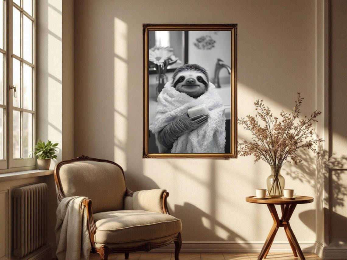 Sloth Wrapped in a Fluffy Towel Holding a Bar of Soap Poster - Image 4