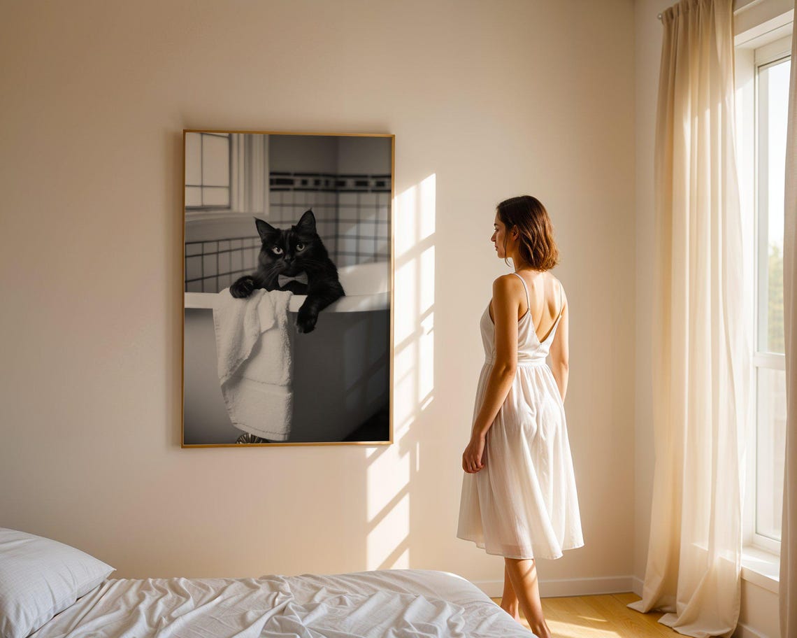 Dapper Black Cat with a Bow Tie Leaning Over a Bathtub Edge Poster - Image 3