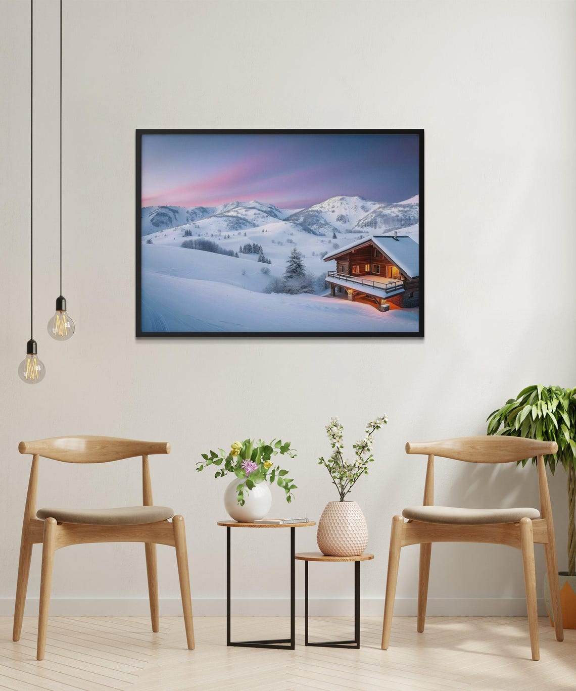 Cozy Wooden Chalet in Snowy Mountains Under a Pink Dusk Sky Poster - Image 2