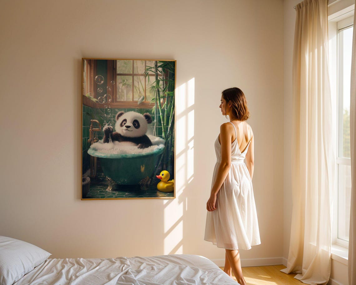 Cute Panda Bubble Bath with Rubber Duck Bathroom Fun Wall Art - Image 3