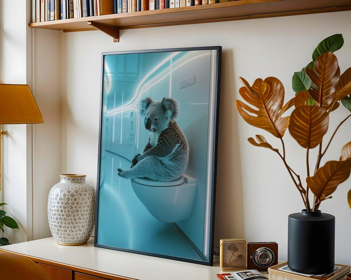 Koala Sitting On A Toilet In A Futuristic Neon Blue Bathroom Poster - Image 5