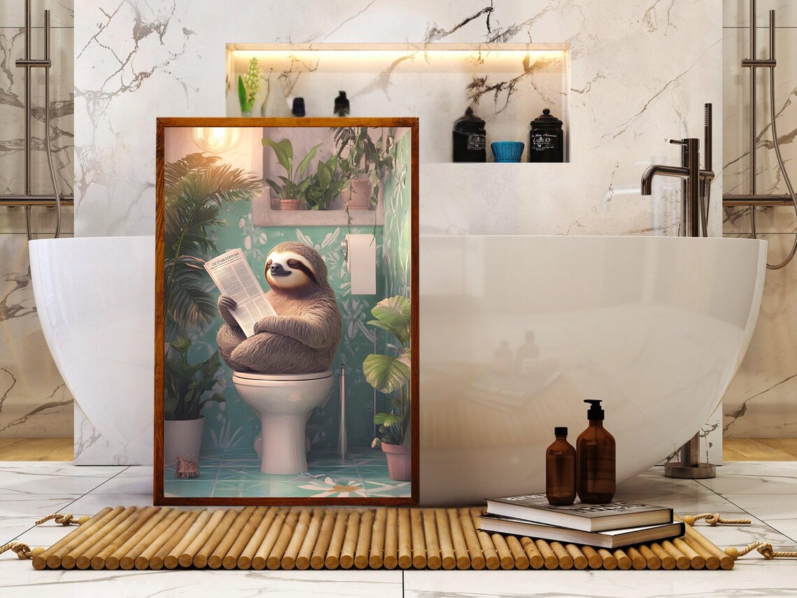 Relaxed Sloth Reading Newspaper on Toilet in Tropical Bathroom Poster - Image 5