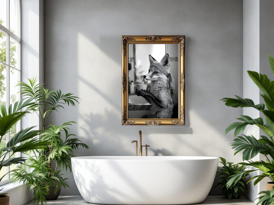 Fox With a Head Towel Holding a Steaming Cup of Coffee Poster - Image 3