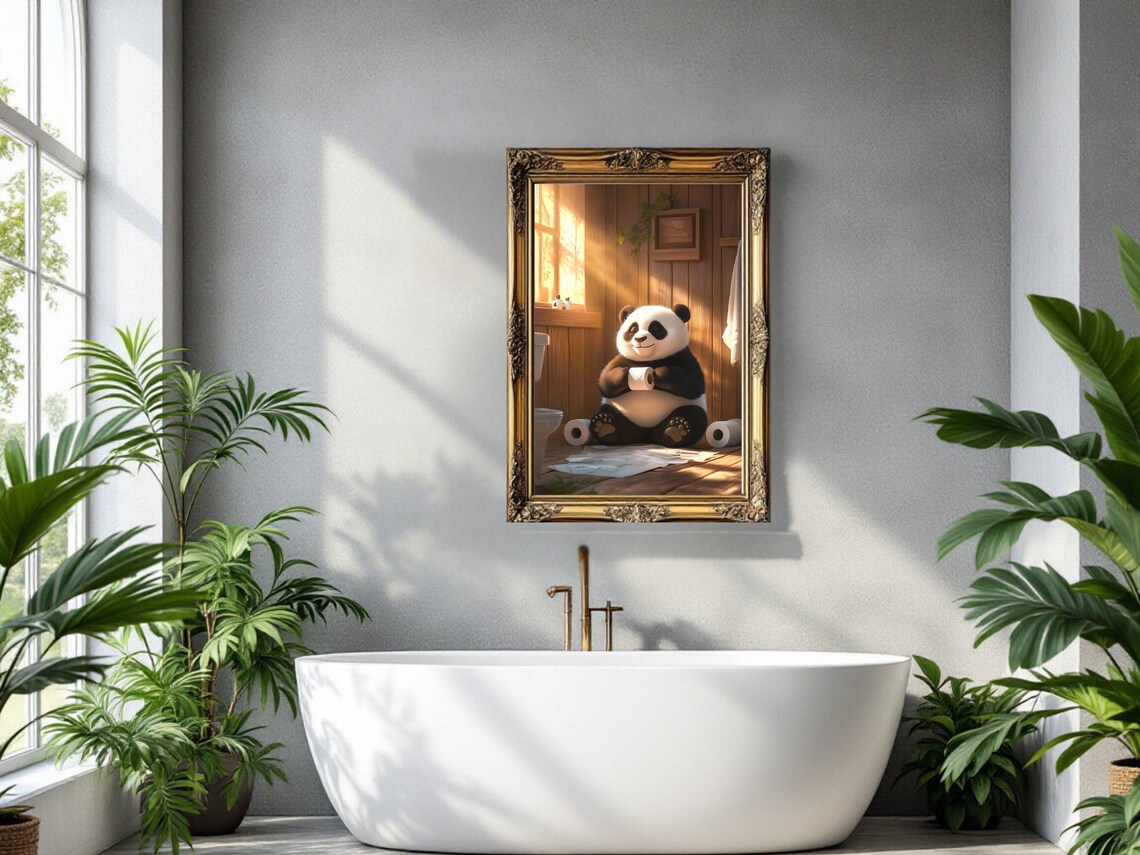 Smiling Panda Sitting on the Bathroom Floor Hugging Toilet Paper Poster - Image 3