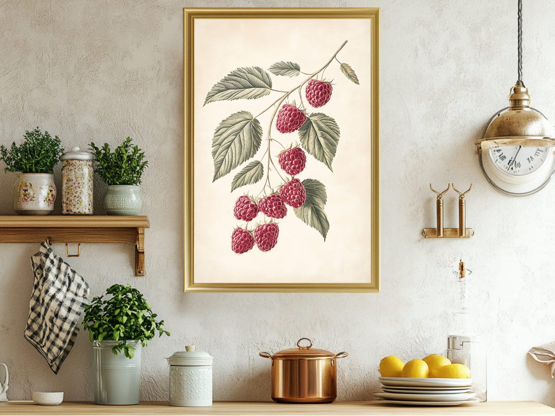 Vintage Raspberry Branch Botanical Berry Illustration Poster